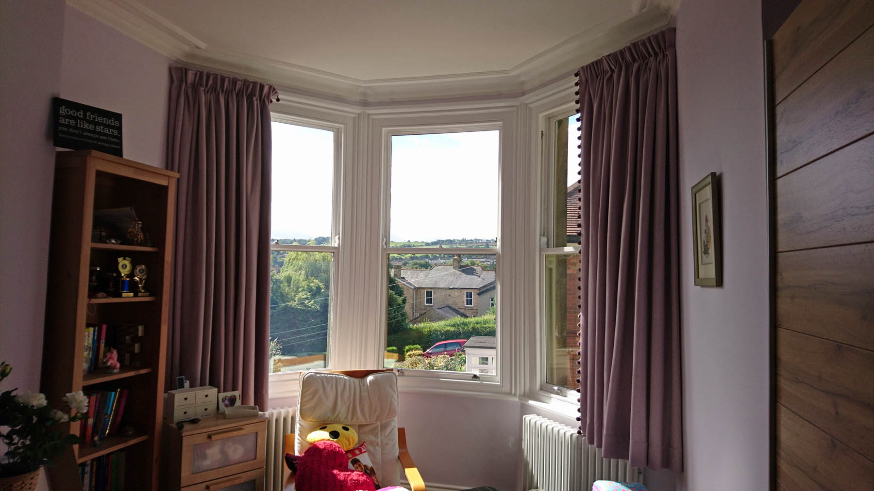 Made to measure bay window track with pencil pleat headed curtains